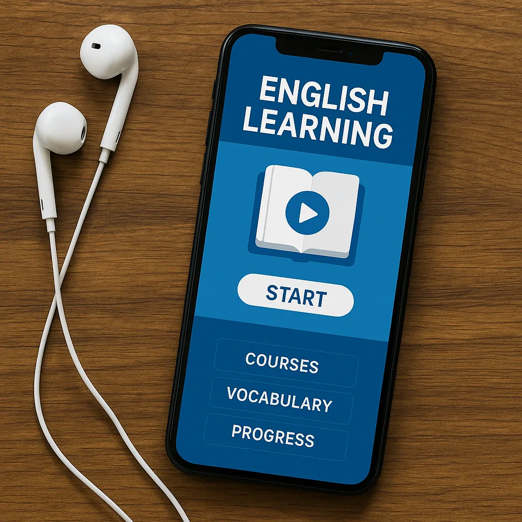 스마트폰 영어학습 앱 화면과 이어폰이 함께 놓인 장면