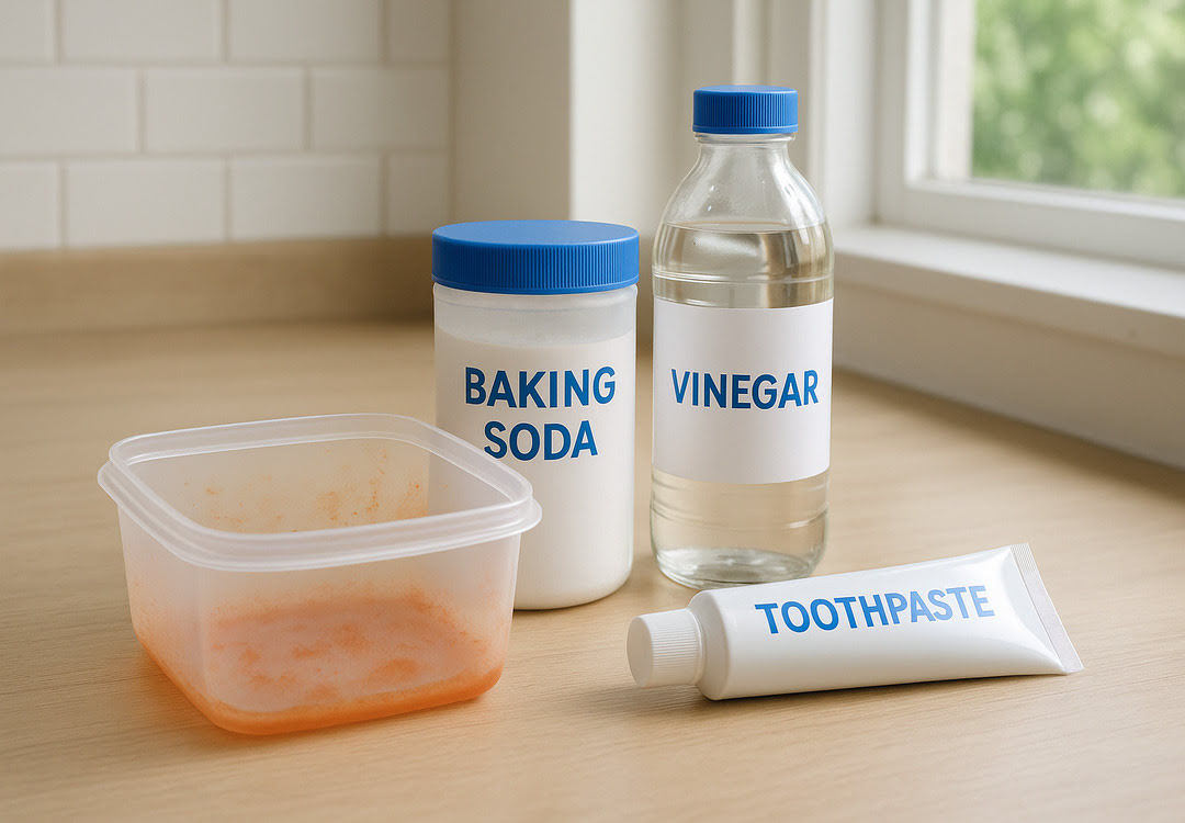 얼굴진플라스틴반찬통과베이킹소다와식초와치약이창가싱크대위에놓여있는사진