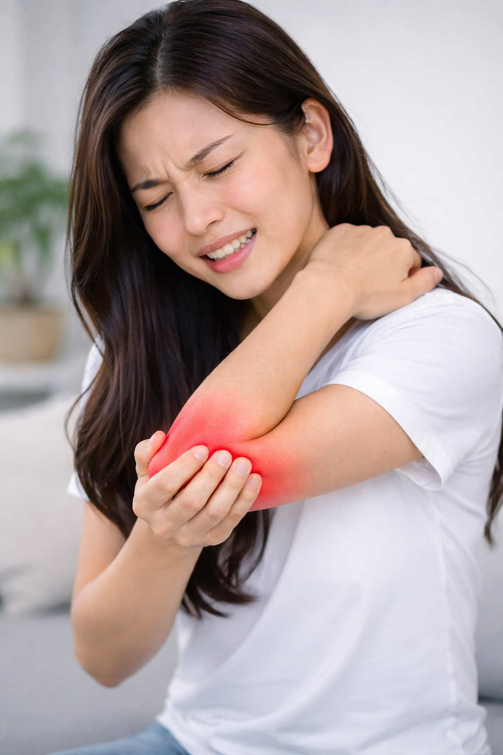 여성이 팔꿈치를 잡고 아파하는 모습