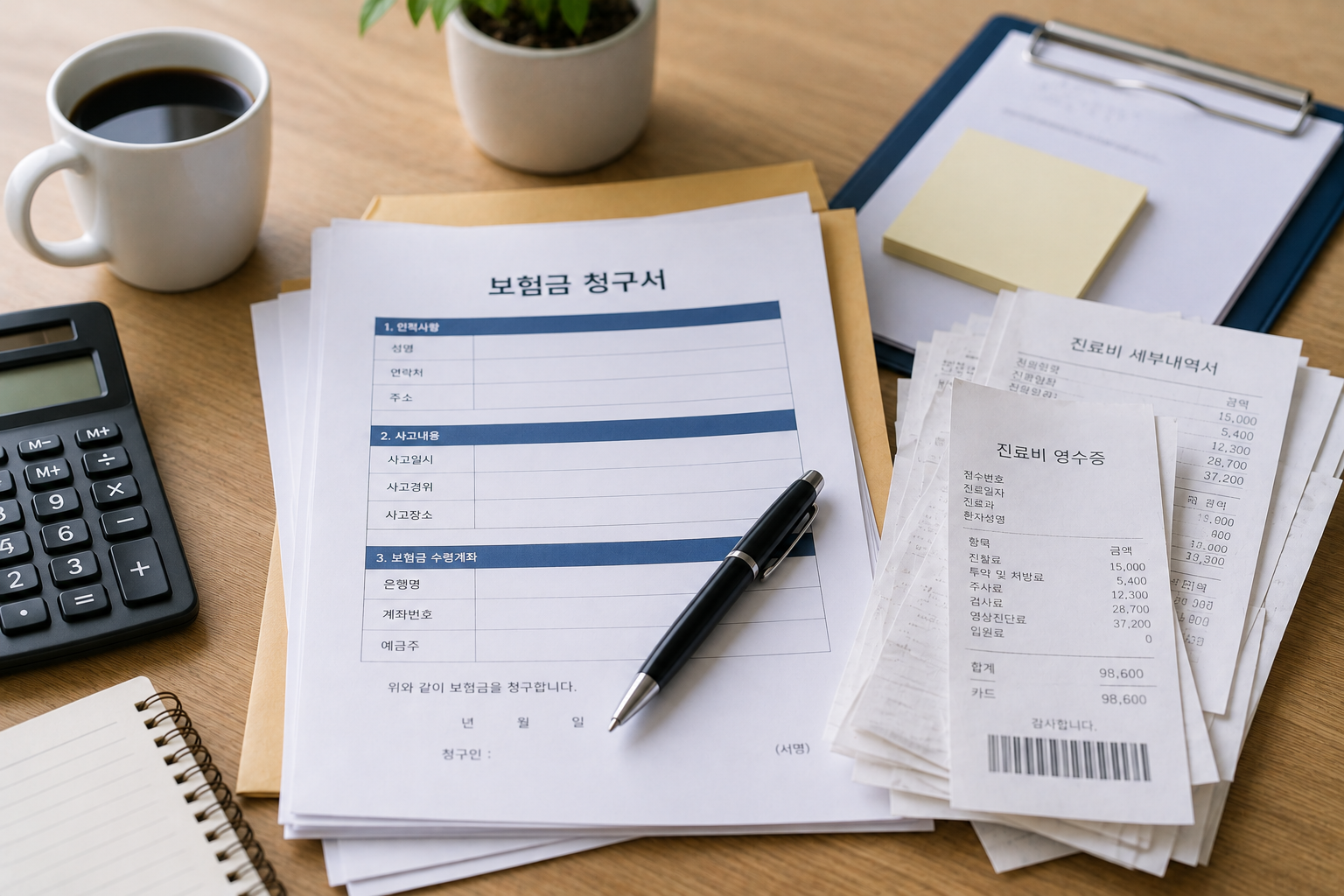 보험금 청구를 위해 영수증과 청구서류를 정리하는 모습