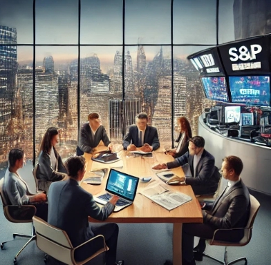 회의실에서 많은 사람들과 회의하는 모습