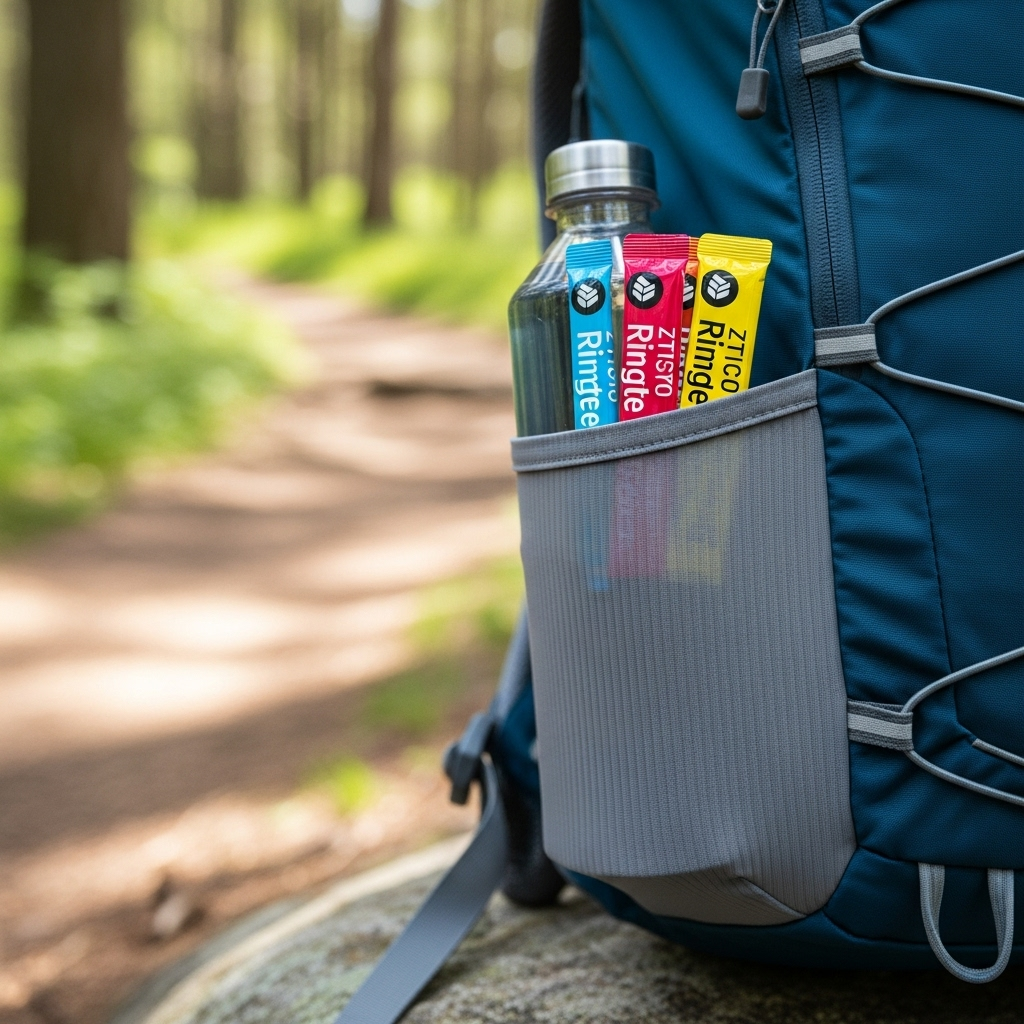 등산 배낭 옆주머니에 꽂힌 물병과 함께 링티 스틱 몇 개가 보이는 클로즈업 이미지