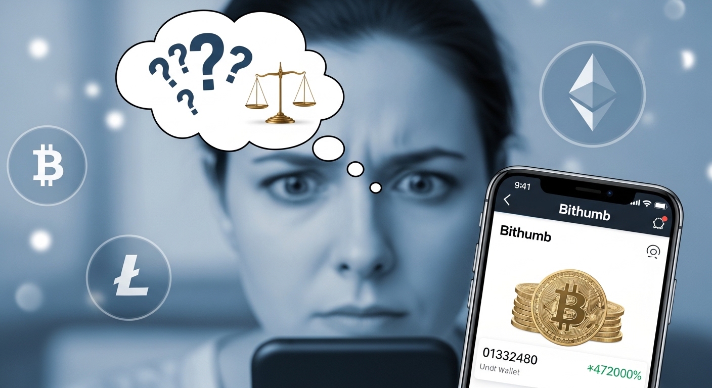 빗썸 계좌에 실수로 입금된 비트코인을 보고 당황하는 사람의 모습, 법적 문제에 대한 고민을 표현