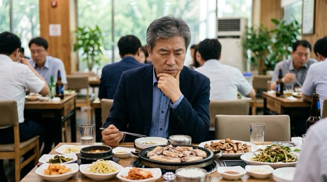 회식 음식 앞에서 통풍 식단을 고민하는 중년 남성