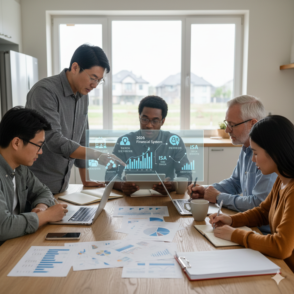 가족 같은 팀이 주방 테이블에서 태블릿 홀로그램으로 2026 금융 시스템과 ISA&middot;ETF&middot;저축 그래프를 분석하며 미래 계획을 세우는 모습