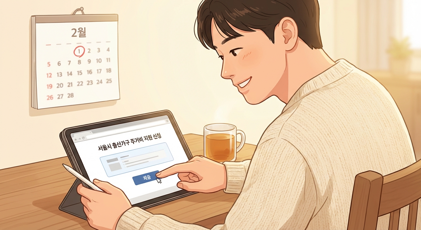 서울시 출산가구 주거비 지원 신청서를 온라인으로 작성하는 젊은 부모의 모습.