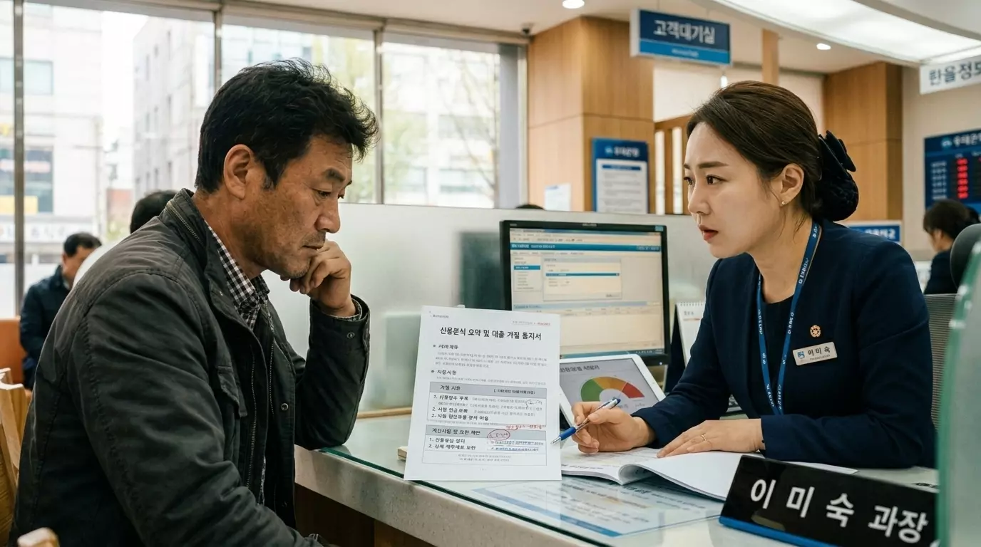 개인사업자가 은행 창구에서 대출 거절 사유와 보완할 점을 상담받는 장면