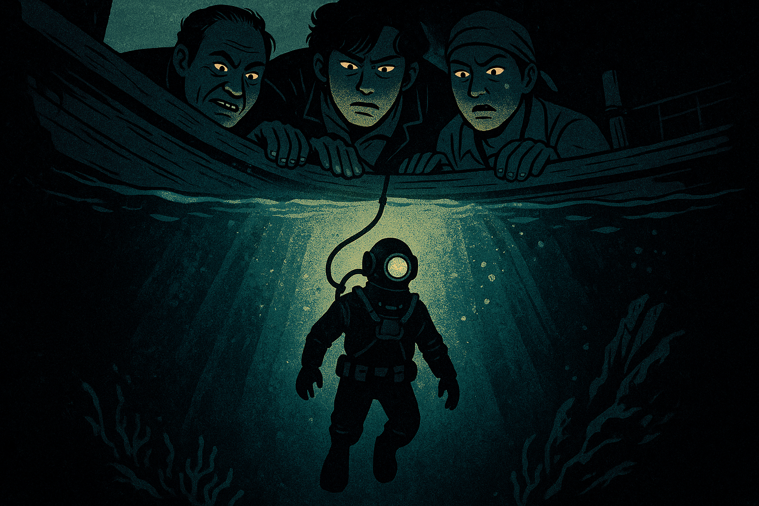 디즈니플러스 드라마 파인: 촌뜨기들의 수중 보물 탐사와 인물들의 긴장감을 담은 일러스트