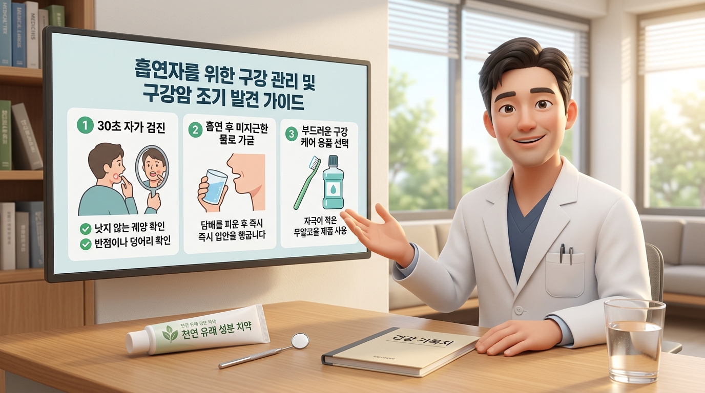 청정하고 세련된 분위기의 대학병원 구강내과 진료실에서 보건 의학 전문가 선생님이 대형 인포그래픽 모니터를 가리키며 담배 연기 유해 물질이 유발하는 니코틴 미세혈관 수축 현상 및 구강 점막 백반증 세포 변형 생리학적 메커니즘을 조목조목 설명하고, 흡연자와 치아 건강 관리 수칙과 금연만이 유일한 해결책? 흡연자가 알아야 할 구강암 조기 발견법에 대한 정답으로 3주 이상 지속되는 궤양의 거울 앞 자가 검진 요령 및 미온수 완충 가글 행동 수칙을 흡연자 환자에게 다정하게 안내해 주는 현대적이고 깔끔한 3D 렌더링 이미지.