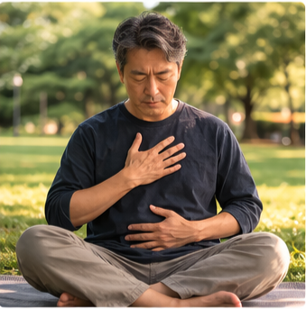 분노의 감정을 다스리기 위해 명상 하는 중년