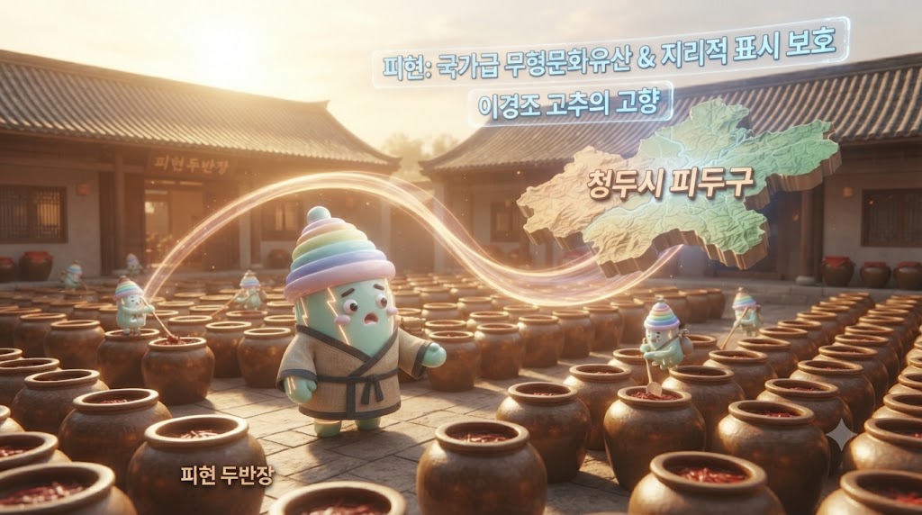 국 국가급 무형문화유산이자 지리적 표시 보호 제품인 '피현 두반장' 공방에 서 있습니다. 쫀쿠 뒤로는 수백 개의 거대한 항아리들이 햇살을 받으며 줄지어 서 있고, 장인이 매일 천 번씩 뒤집는다는 '천 번 뒤집기' 과정이 애니메이션으로 표현됩니다. 쫀쿠는 피현 지역의 비옥한 토양과 전용 품종인 '이경조 고추'를 가리키며, 이곳의 물과 흙과 햇빛이 사천 영혼의 핵심임을 설명합니다.