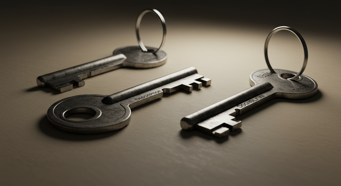 제목·설명·태그를 각각 상징하는 세 개의 열쇠가 깔끔한 배경 위에 놓인 상징적 정물 이미지