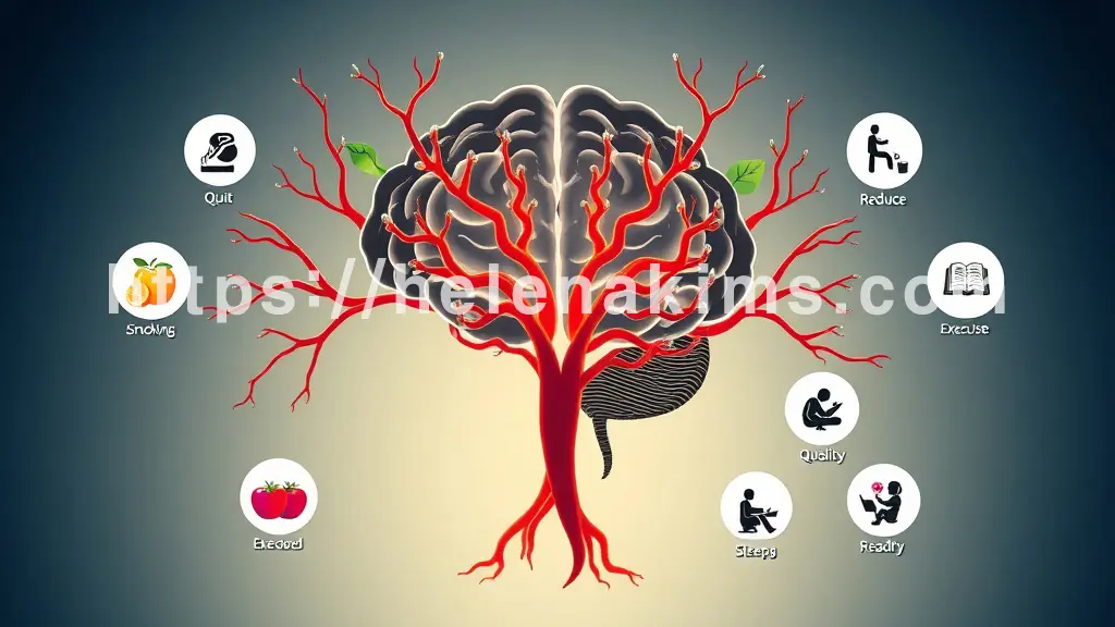 뇌혈관들이 마치 활력 넘치는 생명나무 뿌리처럼 뻗어 나가는 모습. 이 혈관 주변에는 다채로운 채소와 과일, 운동하는 사람 실루엣, 금연/절주/숙면 아이콘, 독서하는 모습 등 7가지 건강 습관을 상징하는 아이콘들이 있는 이미지.