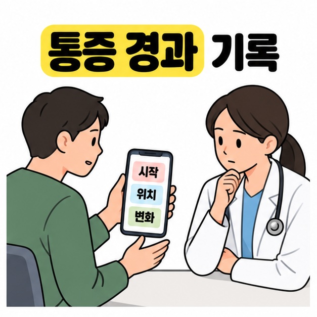 통증 경과 기록 문구 아래 환자가 시작 위치 변화 항목을 적은 휴대폰 메모를 의료진에게 보여 주는 모습