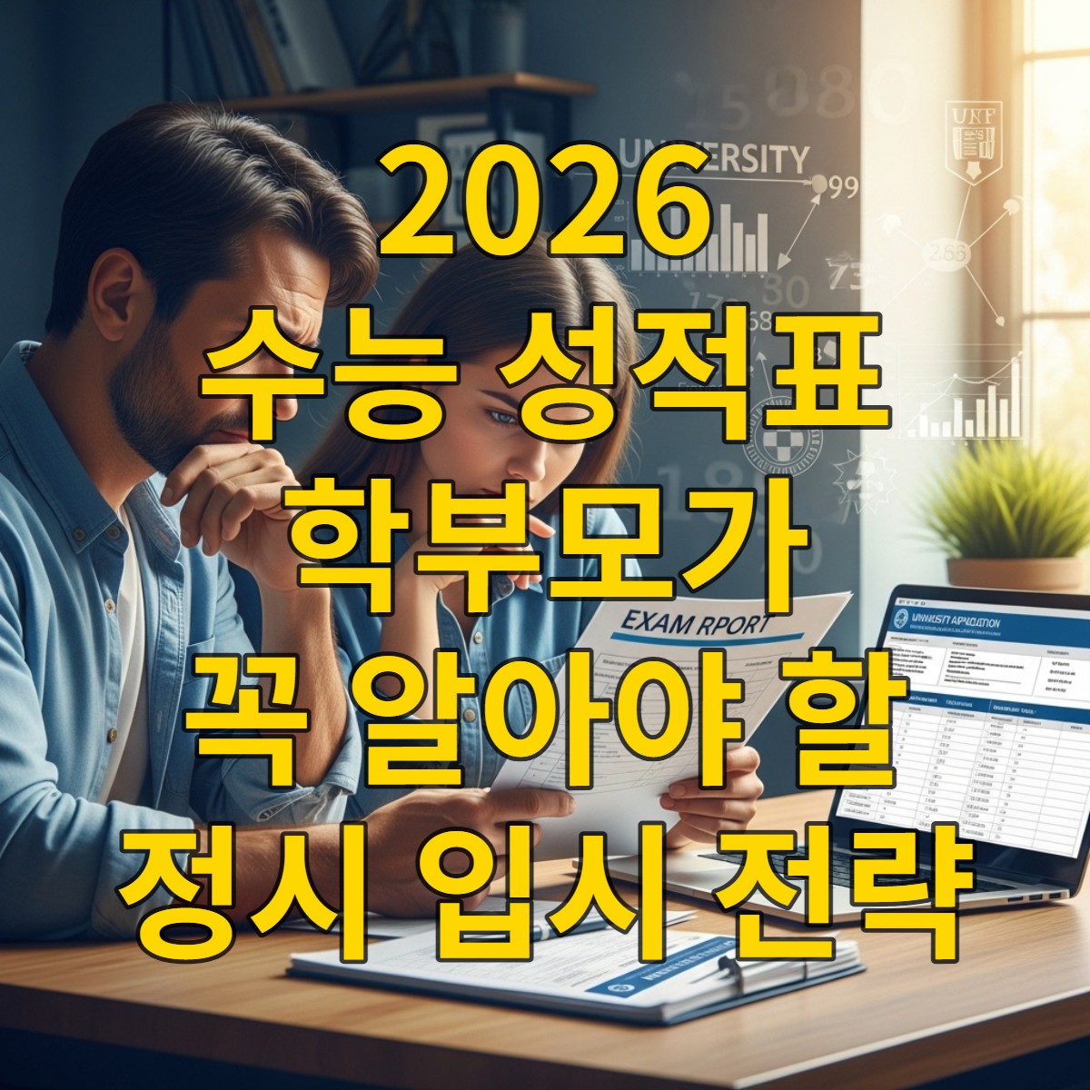 2026학년도 수능 성적표를 보며 정시 입시 전략을 논의하는 학부모와 학생의 모습