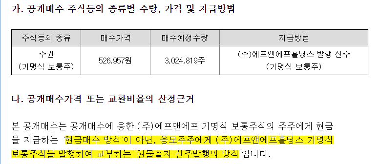 현금출자방식 유상증자, 그리고 공개매수제도 활용한 F&F [출처: 기업공시 DART]