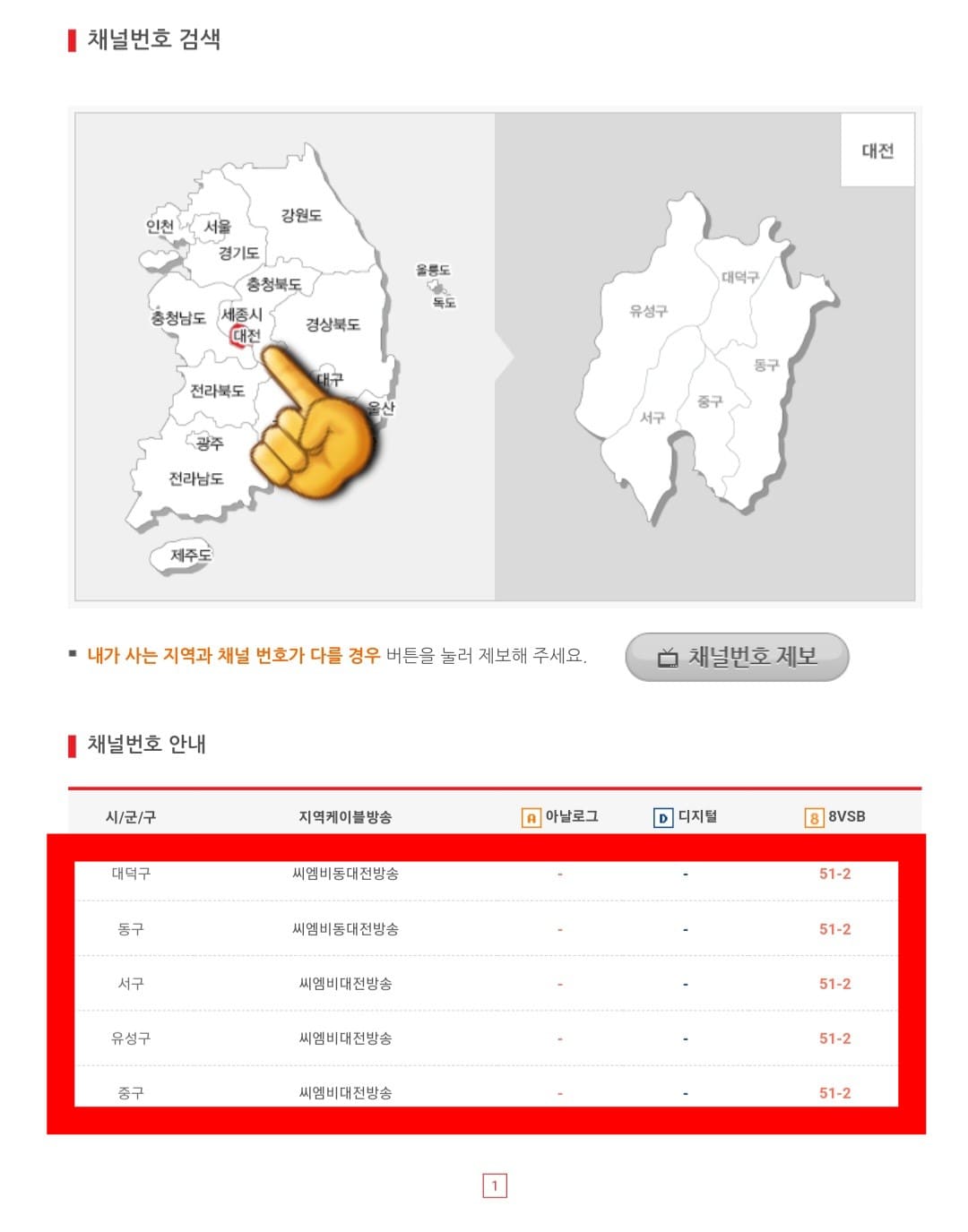 이벤트tv-편성표-및-채널번호-확인-방법-안내-예를-들어,-대전에-거주하고-있다면-지도에서-대전을-선택한-후,-오른쪽-구&middot;군에서-거주하는-구를-클릭하면-대전-지역의-채널-번호-안내가-나오는데요.-이때,-방송사는-CMB(씨엠비)-대전방송-및-동대전방송이며,-채널-번호(디지털)는-51-2번임을-확인할-수-있습니다.