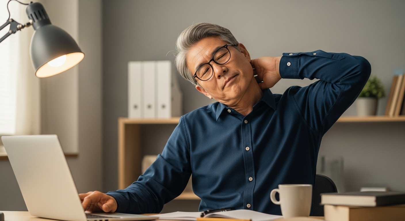 50대 한국인 남성 목 스트레칭