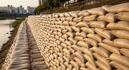 침수 방지용 모래주머니 설치 장면