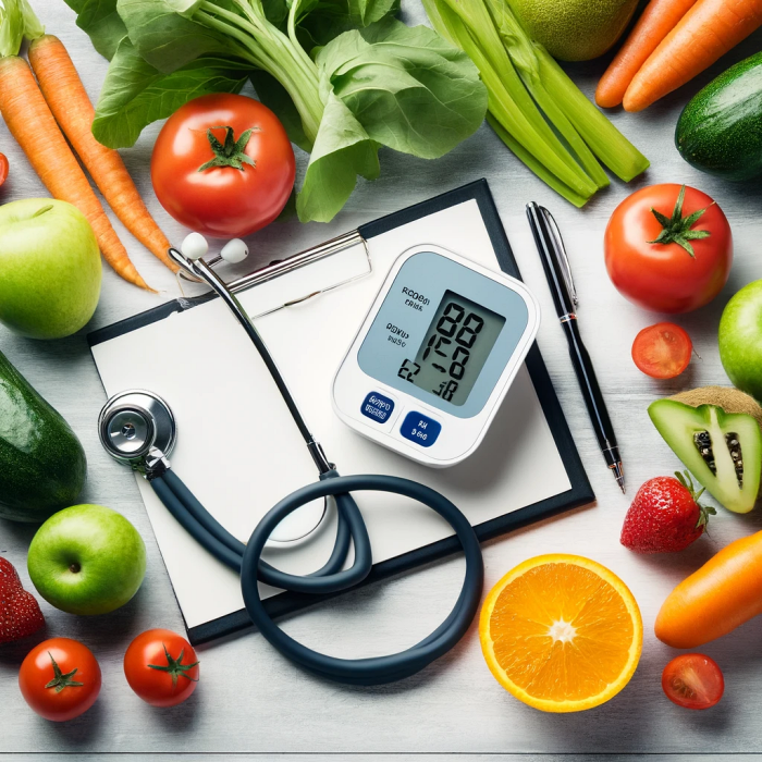 고혈압 예방과 관리를 위한 건강한 생활 습관 이미지, 채소, 청진기, 디지털 혈압계 포함.