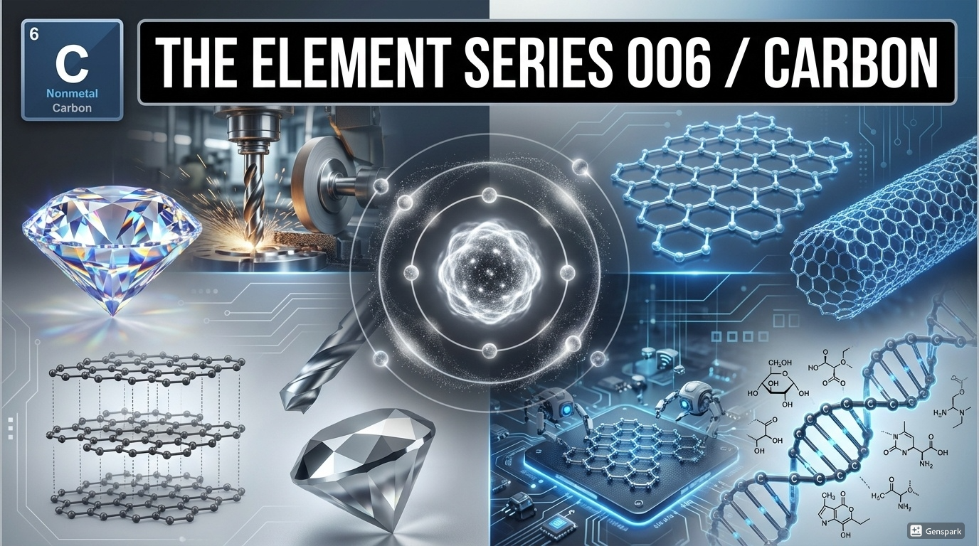 A high-end scientific visual for Carbon (C) in 'The Element Series' style. Top: black horizontal bar with white text 'THE ELEMENT SERIES 006 / CARBON'. Top left: square periodic table tile showing '6', 'C', 'Nonmetal', 'Carbon'. Center: glowing 3D atomic model of Carbon with orbiting electrons and nucleus with white-gray glow. Left side: brilliant cut diamond with light refraction and crystalline graphite structure showing layered hexagonal sheets. Right side: graphene honeycomb lattice structure glowing in blue, carbon nanotube molecular structure, and DNA helix with organic molecules showing carbon backbone. Background: split design showing industrial diamond and futuristic nanotechnology, gray and blue light accents. High-tech aesthetic emphasizing versatility and structural diversity. Professional educational visualization with modern scientific poster design.