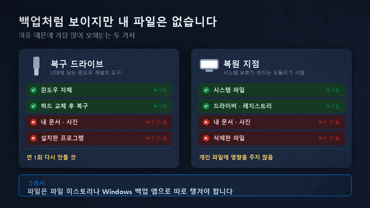 복구 드라이브 만들기와 복원 지점에 개인 파일이 포함되지 않는 이유