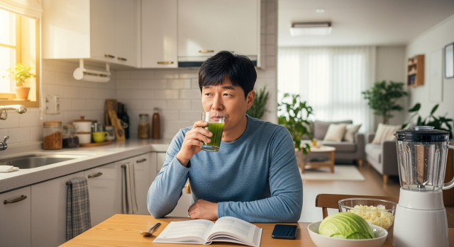 물 한 잔과 양배추즙 마시는 남성
