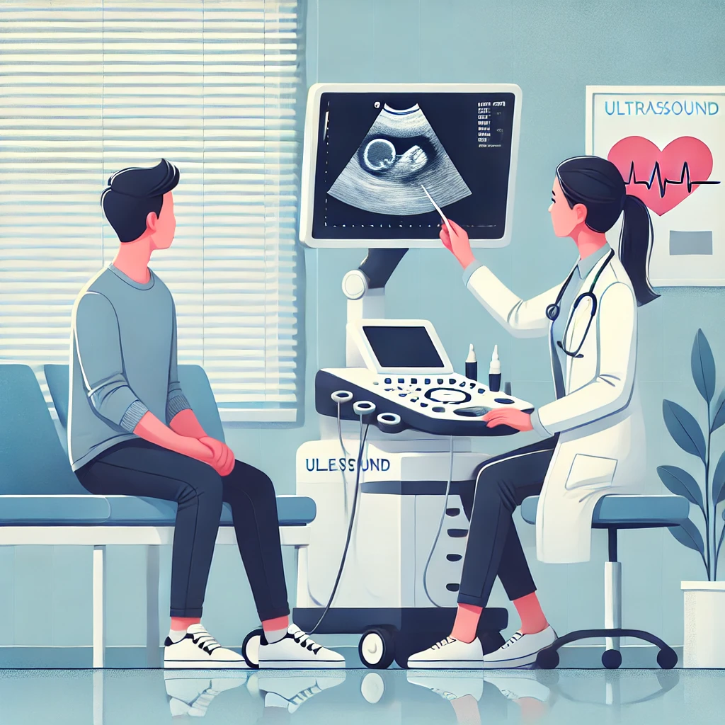 클리닉 대기실에서 초음파 기기 앞에 앉아있는 사람, 의료진이 친절하게 기기를 가리키며 설명하는 장면, 조기진단의 중요성을 담은 분위기