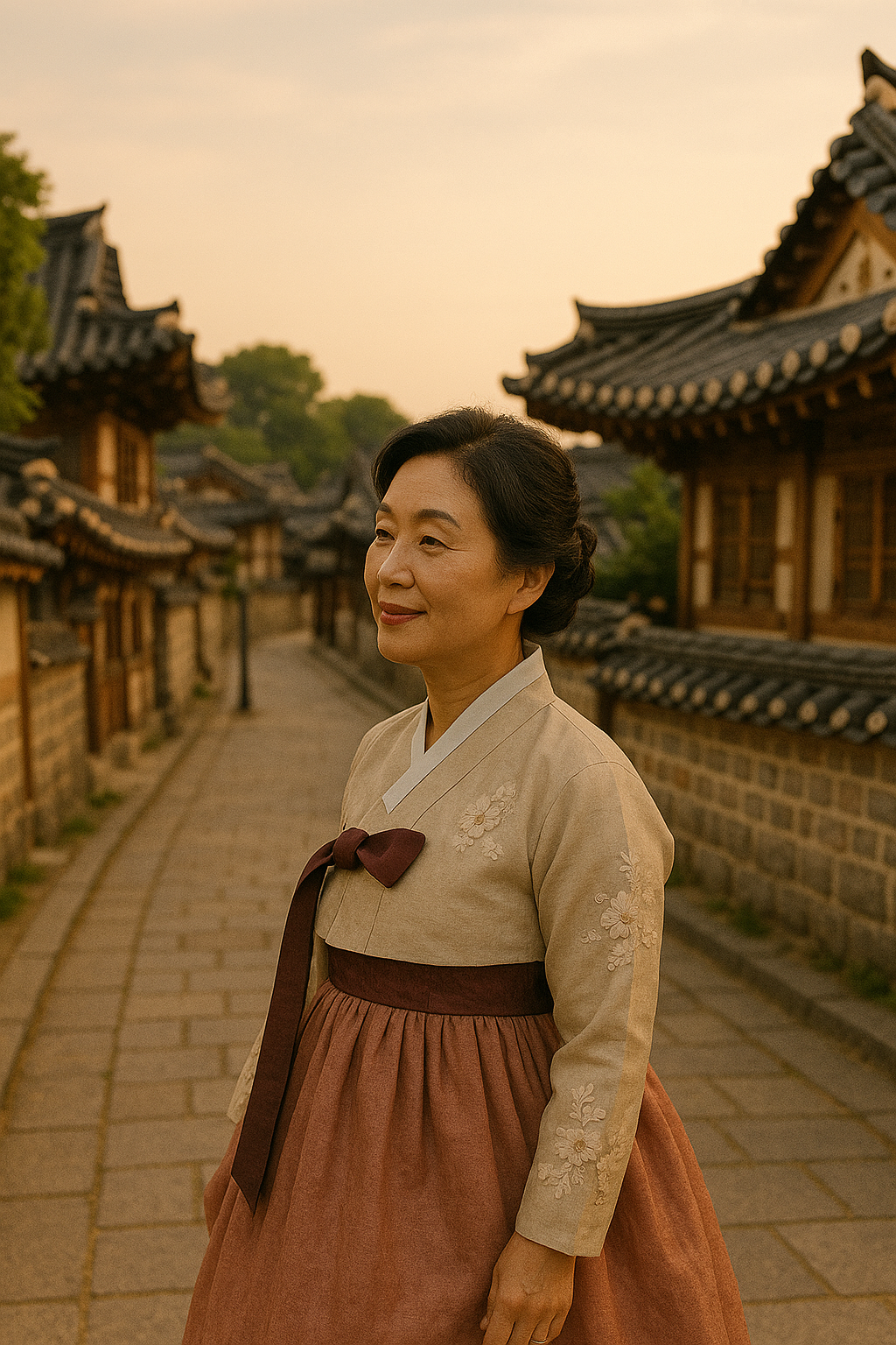 한복을 입은 여성이 한옥마을에 있는 사진