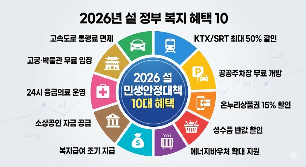 2026년 설 민생안정대책 10대 복지 혜택을 원형 차트로 정리한 전문 인포그래픽 이미지