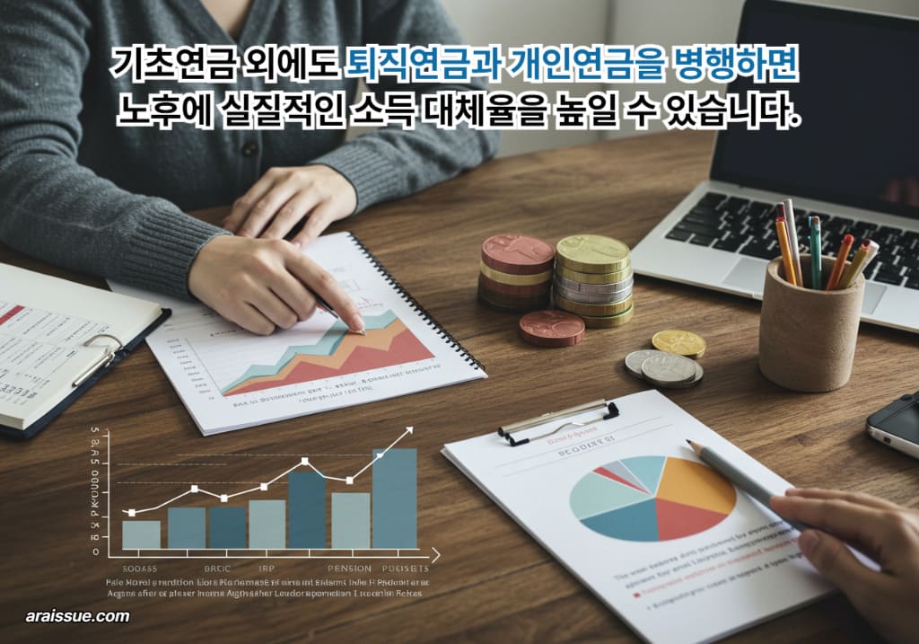 두명의 남성이 기초연금과 퇴직연금, 개인연금을 병행하는 연금 설계에 대해 대화를 나누는 장면