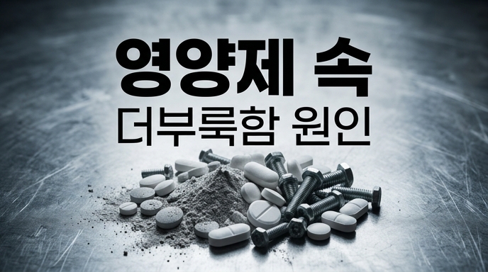 영양제 속 더부룩함의 원인을 설명하며 알약과 함께 섞여 있는 금속 나사 그래픽 이미지