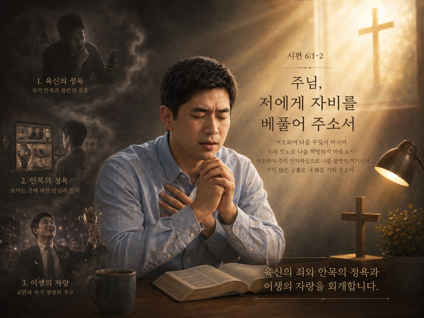 시 6:1-2 말씀에서 주님께서 자비를 베풀어주시기 않는다면 나는 도저히 살아갈 수 없는 존재임을 기억하며&amp;#44; 저의 심각한 육신적인 죄&amp;#44; 안목의 정욕&amp;#44; 이생의 자랑을 주목하는 죄를 주님께 진실되게 고하며 주님께서 자비를 베풀어 주시도록 구하는 회개기도를 간절히 드리는 모습입니다.