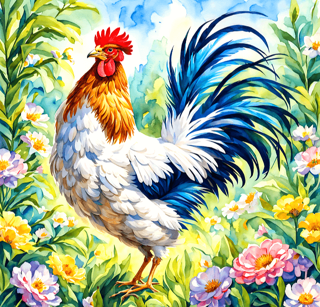 수탉이 위풍당당하게 서있다. 꼬리깃털은 파란색이고 주변엔 꽃들이 많다.