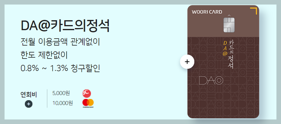 우리카드 DA@카드는 전월 실적과 관계없이 혜택을 제공하는 우리카드의 BEST 신용카드 상품입니다.
