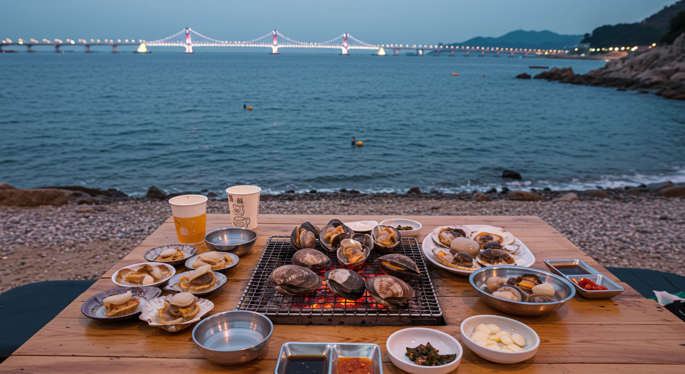 광안리 해변 조개구이와 광안대교 뷰