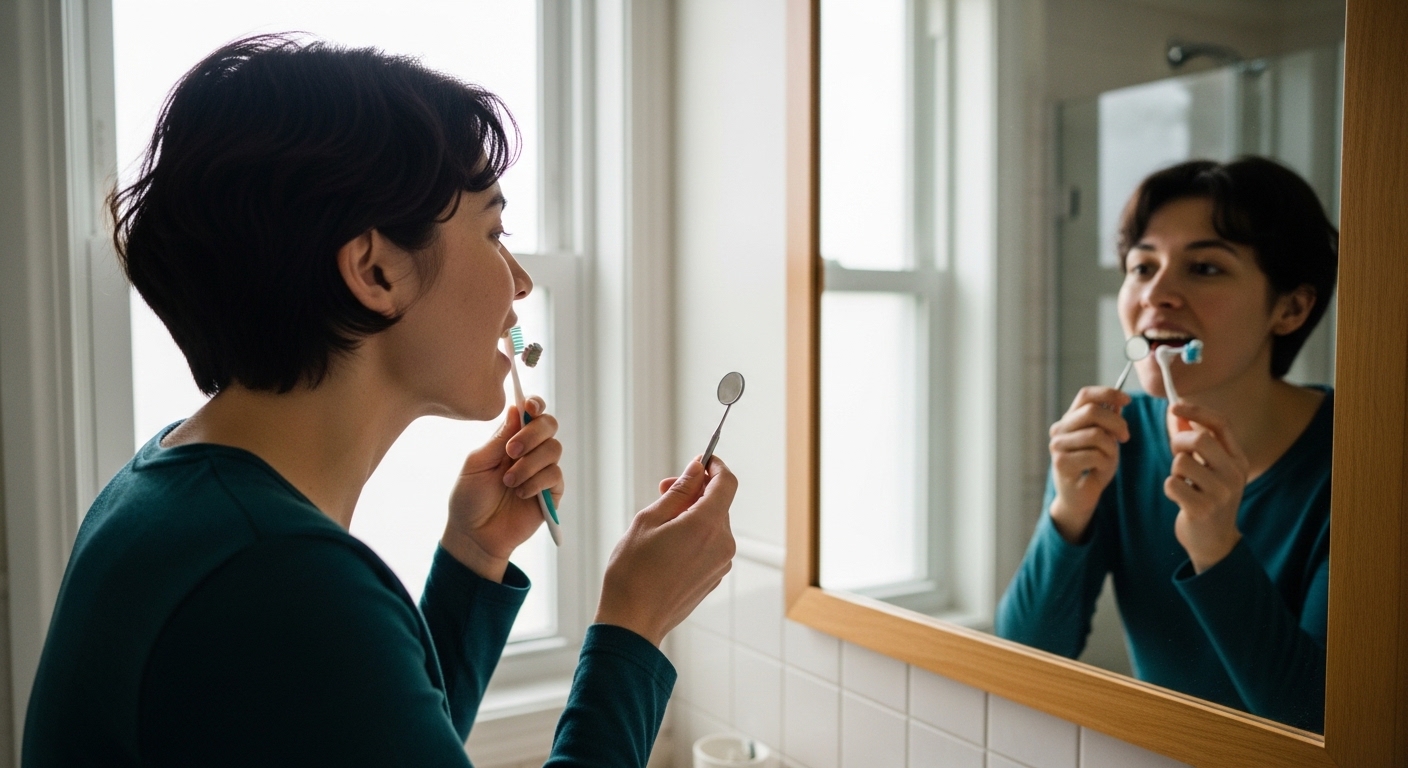 아침에 거울 앞에서 구강 상태를 점검하는 일상적인 모습