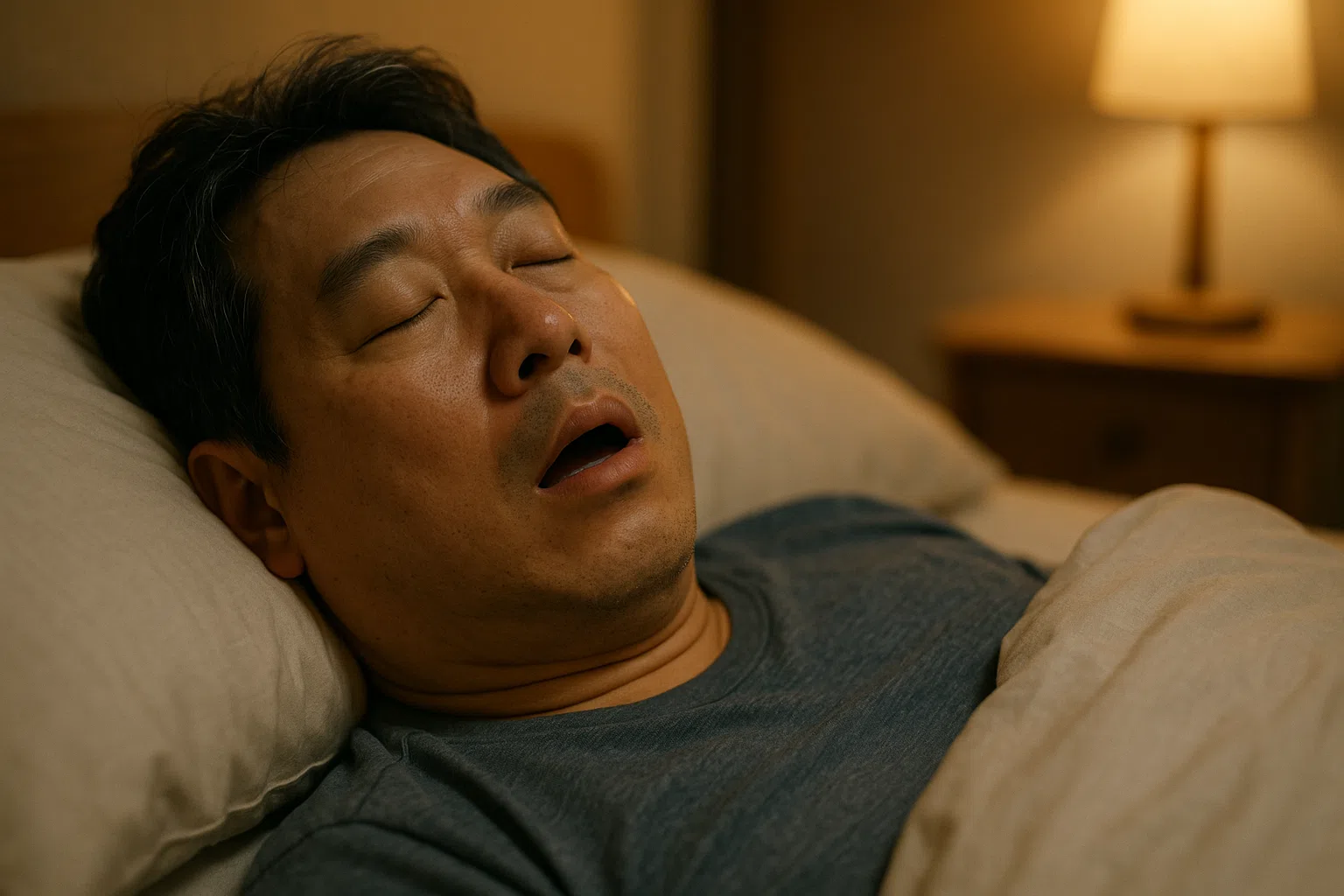 침대에서 잠든 중년 남성이 입을 살짝 벌리고 자는 모습