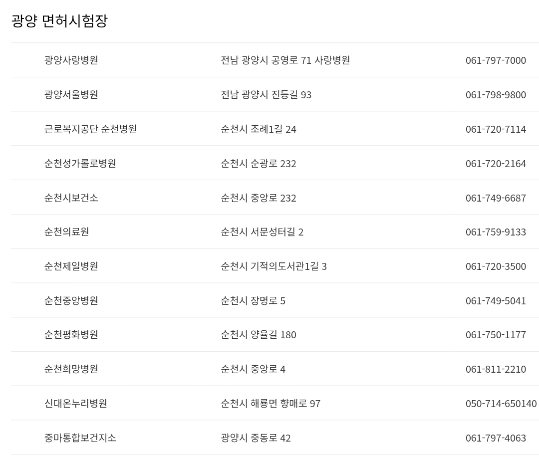 전남 광양 운전면허시험장 신체검사서 발급기관 주소, 연락처 등 안내