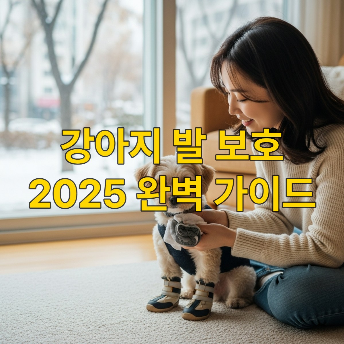 겨울 산책 후 따뜻한 실내에서 반려견의 겨울 부츠를 벗기고 염화칼슘을 닦아주는 한국인 여성의 모습