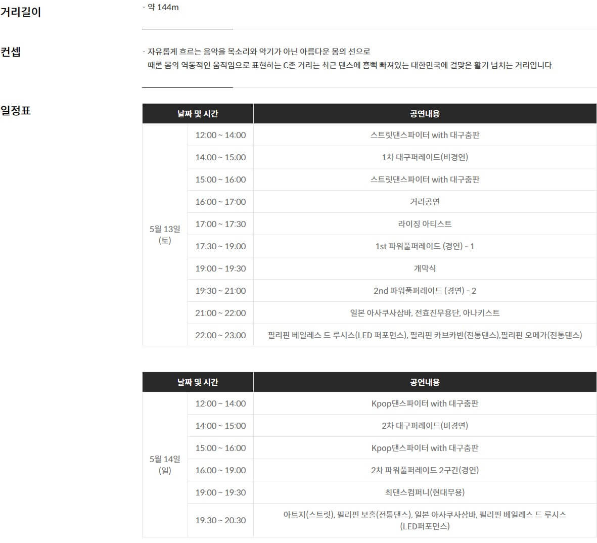 파워풀 대구 페스티벌의 C존 시간별 행사 라인업입니다.