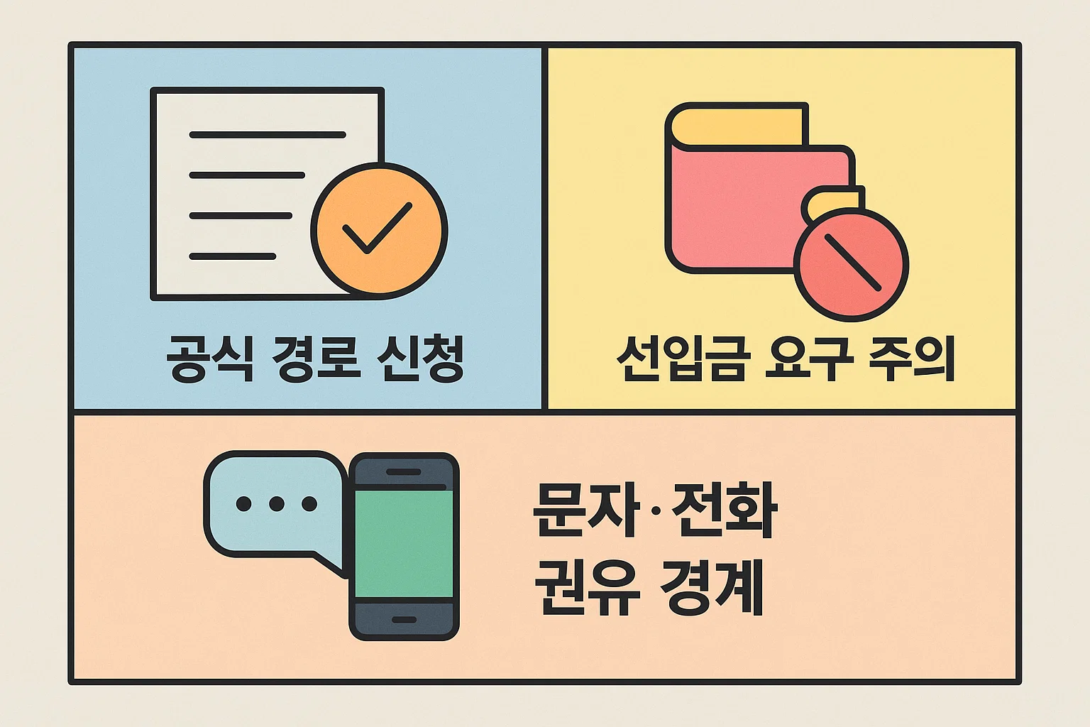 정부지원 대출 신청 시 공식 경로 이용, 선입금 요구 주의, 문자·전화 권유 경계 등 실제 피해를 막기 위한 핵심 주의사항을 정리한 이미지입니다