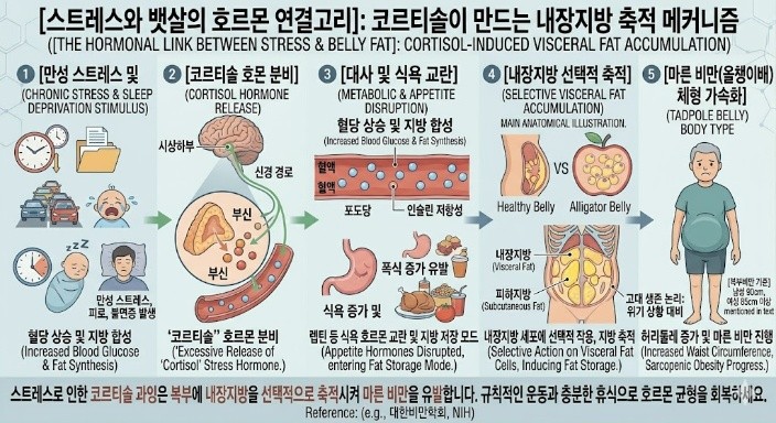 [스트레스와 내장지방의 호르몬 연결고리]: 스트레스가 코르티솔 분비를 촉진하고, 이것이 왜 하필 복부에 지방을 집중적으로 쌓게 하는지 보여주는 메커니즘 도식
이미지출처: Gemini AI 생성