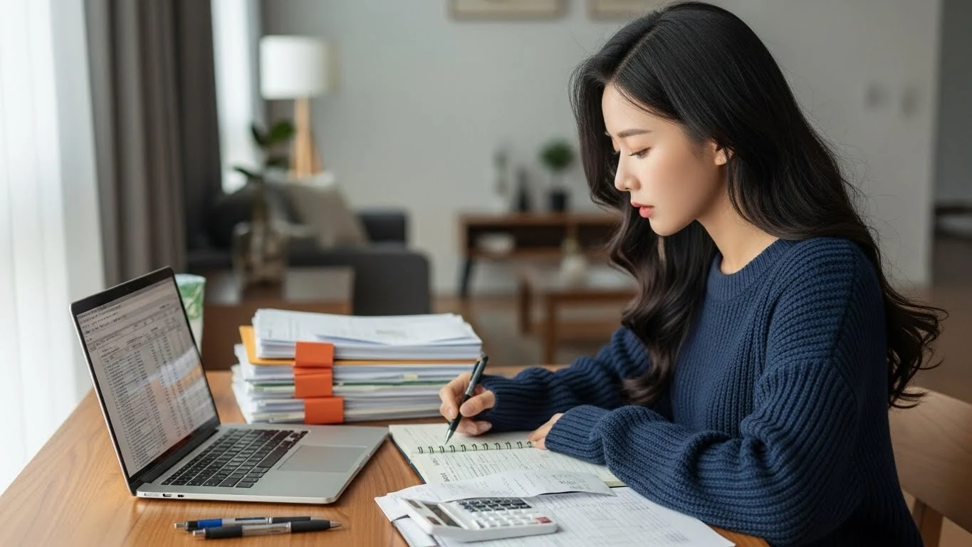 책상에서 연말정산 서류를 확인하는 장면 이미지