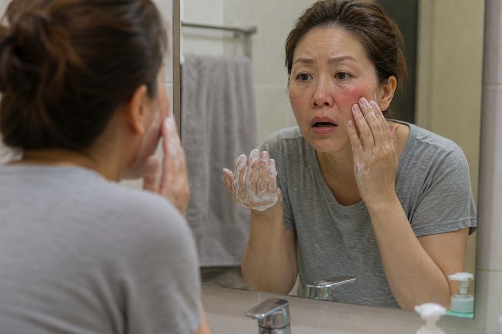 세안후 거울을 보며 피부가 붉어져 당황해 하는 40대 여성