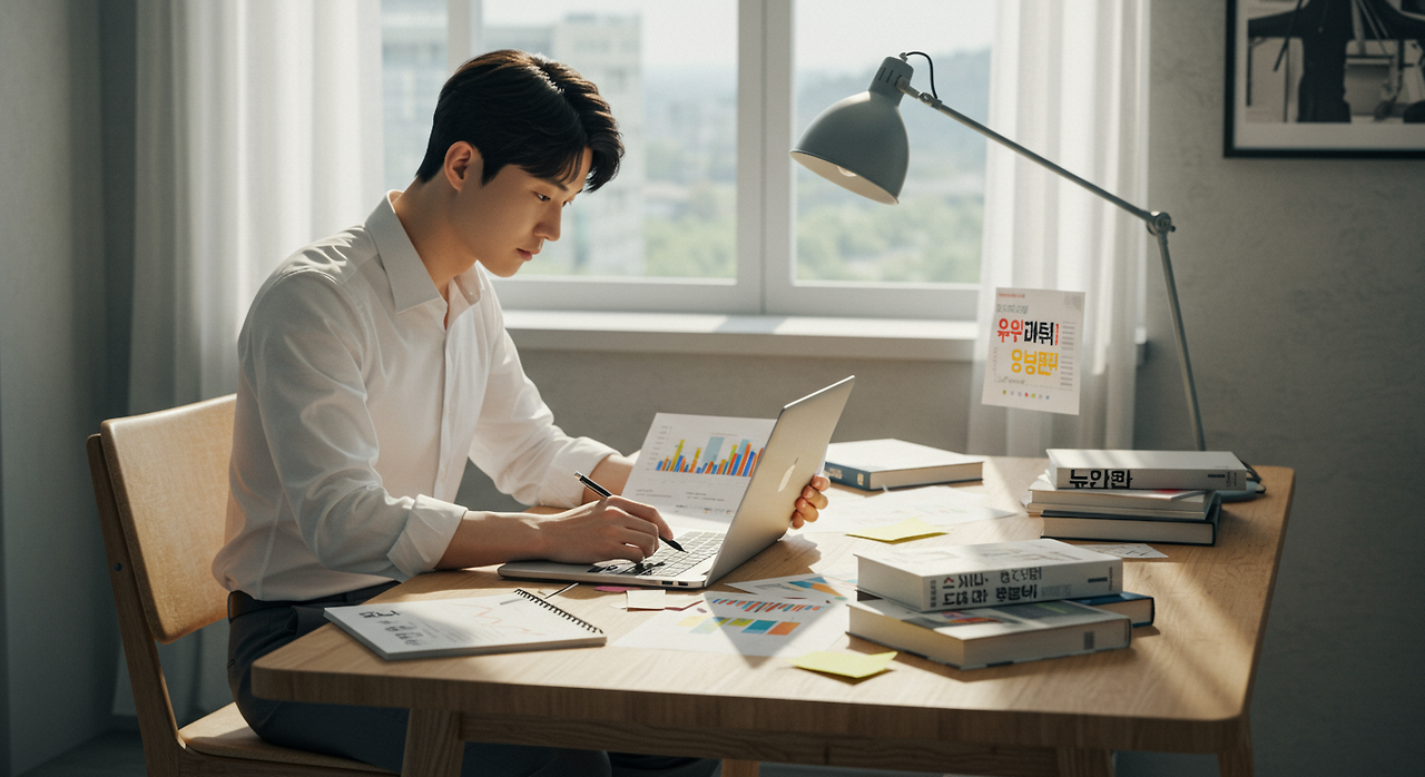 현대적인 한국 남성이 책상에 앉아 노트북과 함께 투자 전략을 공부하는 모습