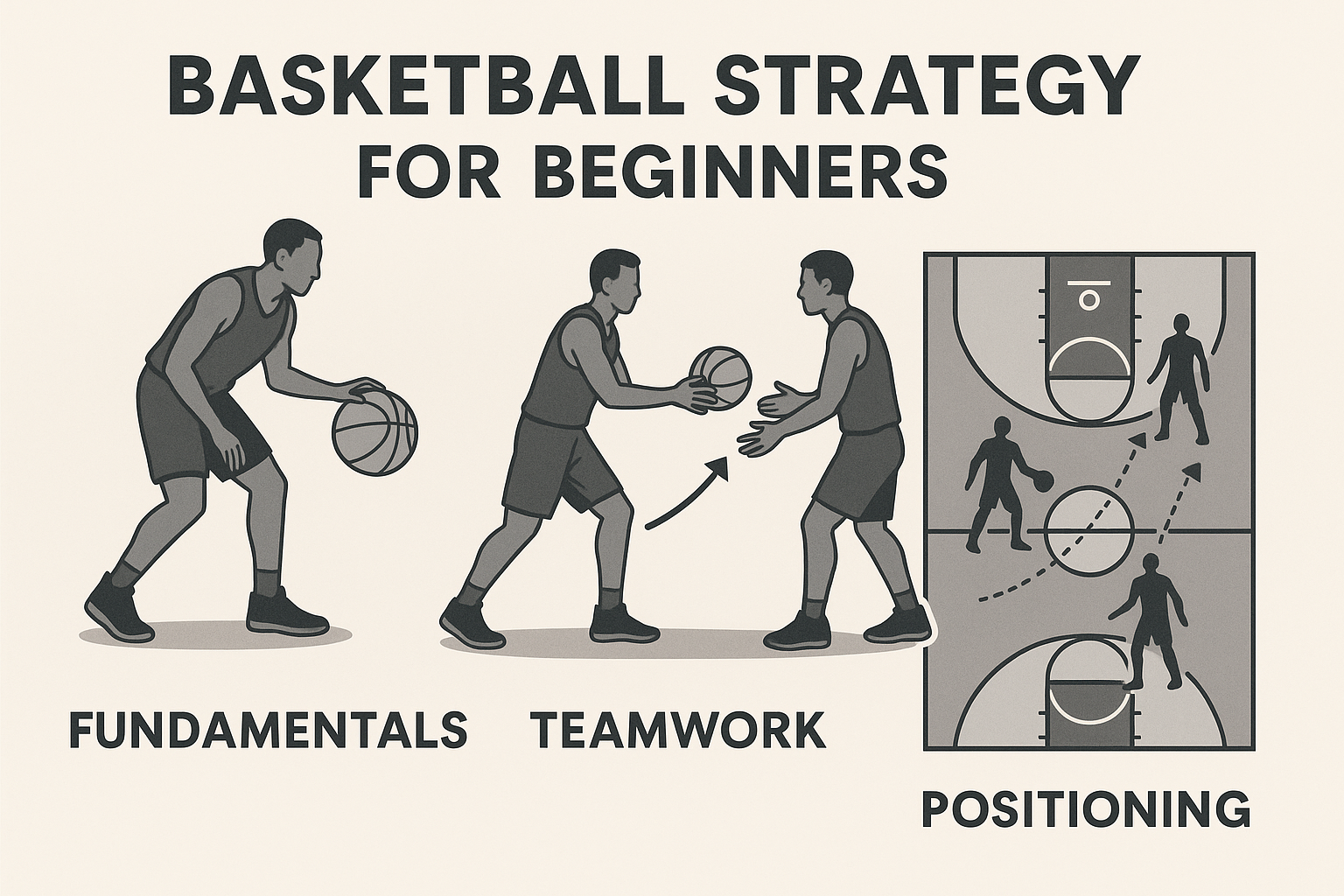농구 초보자를 위한 전술 가이드 이미지: 기본기, 협동 플레이, 포지셔닝을 설명하는 교육용 일러스트