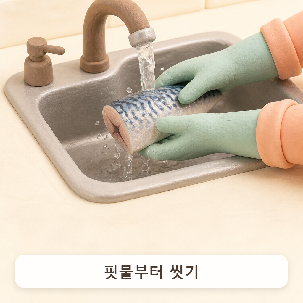 싱크대에서 흐르는 물에 생선 토막을 씻는 손