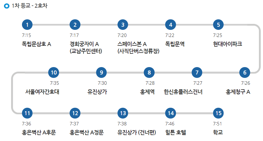 명지초 2호차 셔틀 1차 등교 노선 시간표