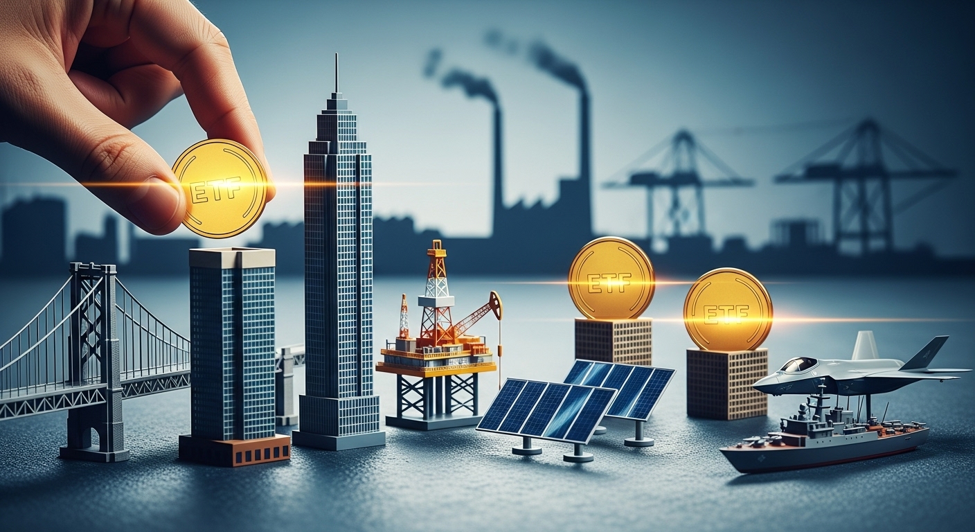 트럼프 2기 수혜가 예상되는 인프라, 에너지, 국방 분야 ETF 투자를 상징하는 역동적인 이미지.